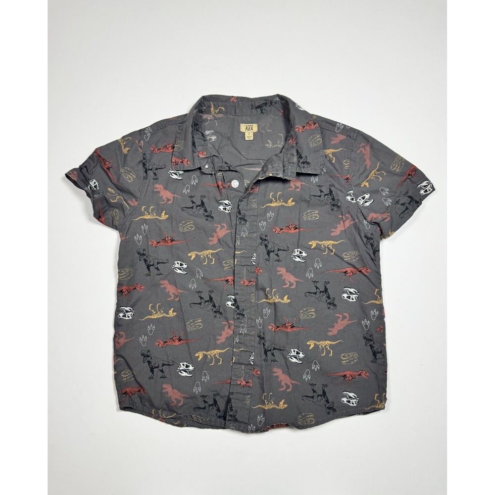 Maximus Rex Shirt Boys 7 Gray Allover Dinosaur‎ Skeletons Print Button Up Casual